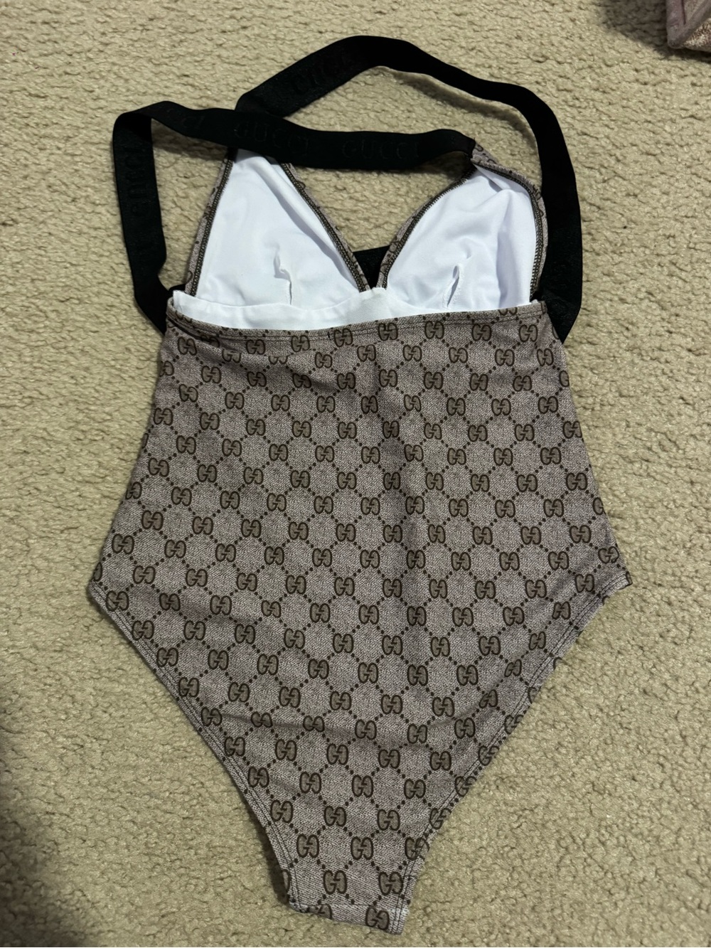 Gucci Brown Monogram One-Piece Swimsuit with Black Straps - Picture 3 of 4